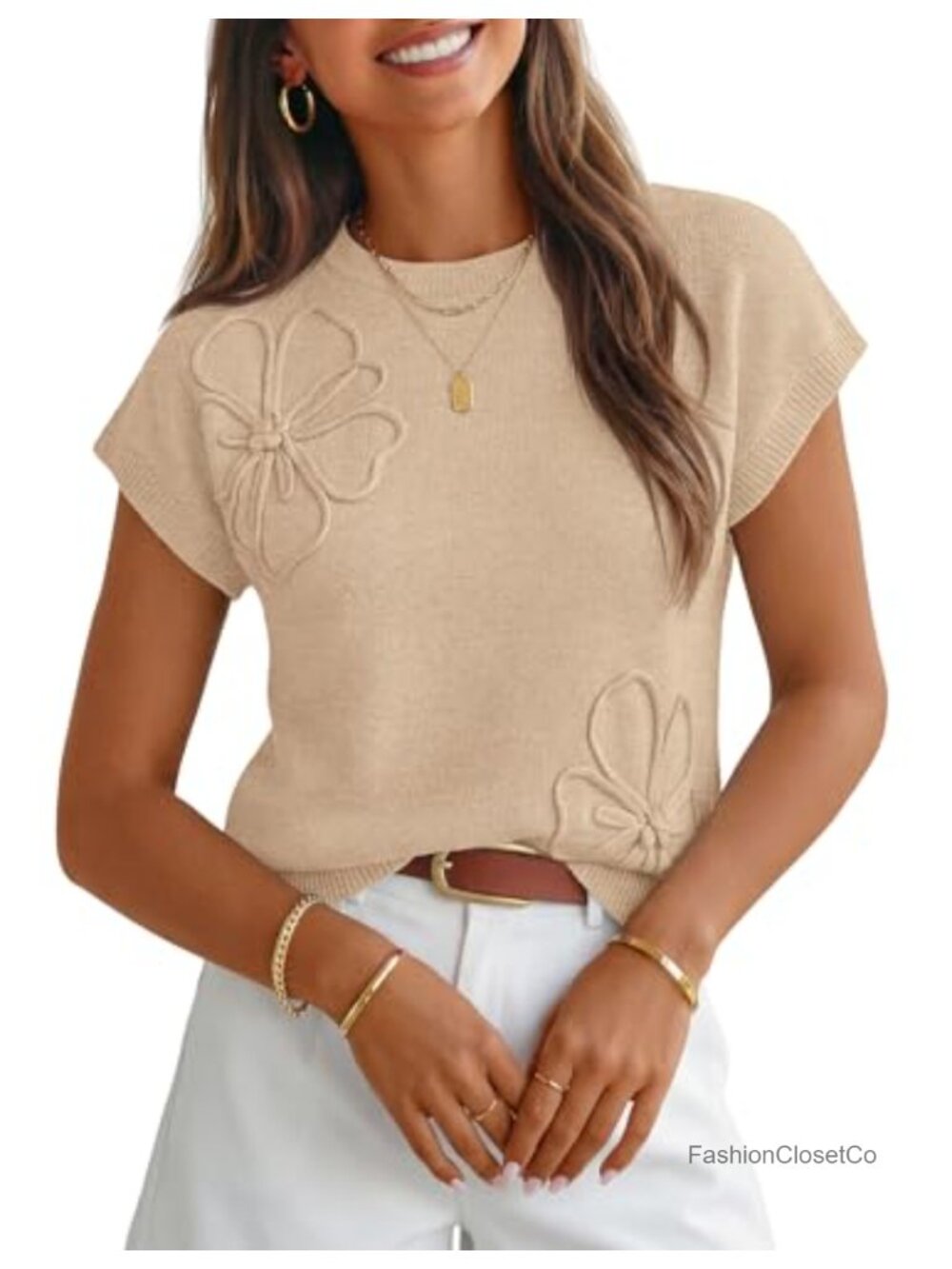 Womens Floral Short Sleeve Sweater Vest Crew Neck Ribbed Knit Work Top